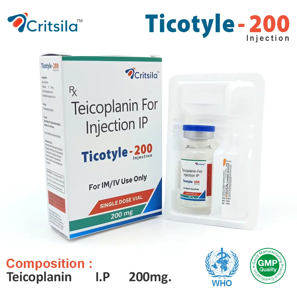 Teicoplanin 200mg Injection at the best price in PCD Pharma Franchise for bacterial infection treatment.